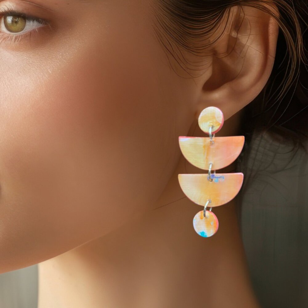 Hand Crafted Orange Wedge Dangle Statement Earrings - Picture 4 of 9